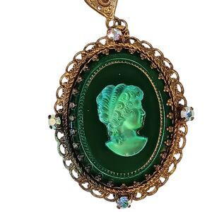 Vintage West Germany Green Glass Cameo Iridescent Necklace Goldtone Filigree